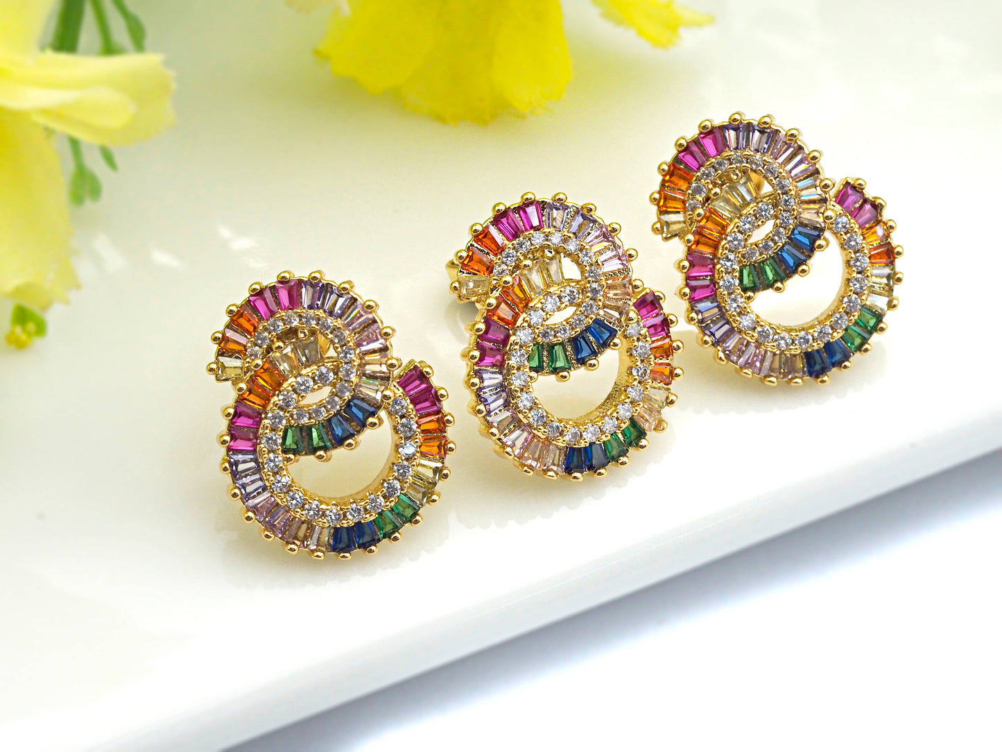 Rainbow Twin Circles  Stud Earring, J132