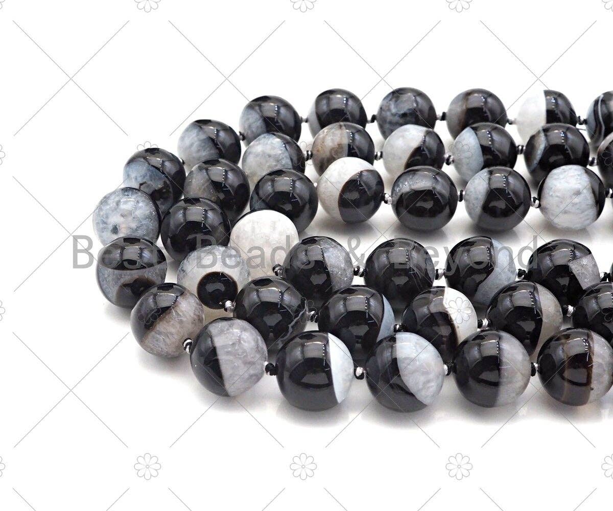 High Quality Natural Black White Druzy Agate Beads, 18mm Round Smooth Agate, Necklace Bracelet Earring Jewelry,15.5'' Full Strand,Sku#YK02