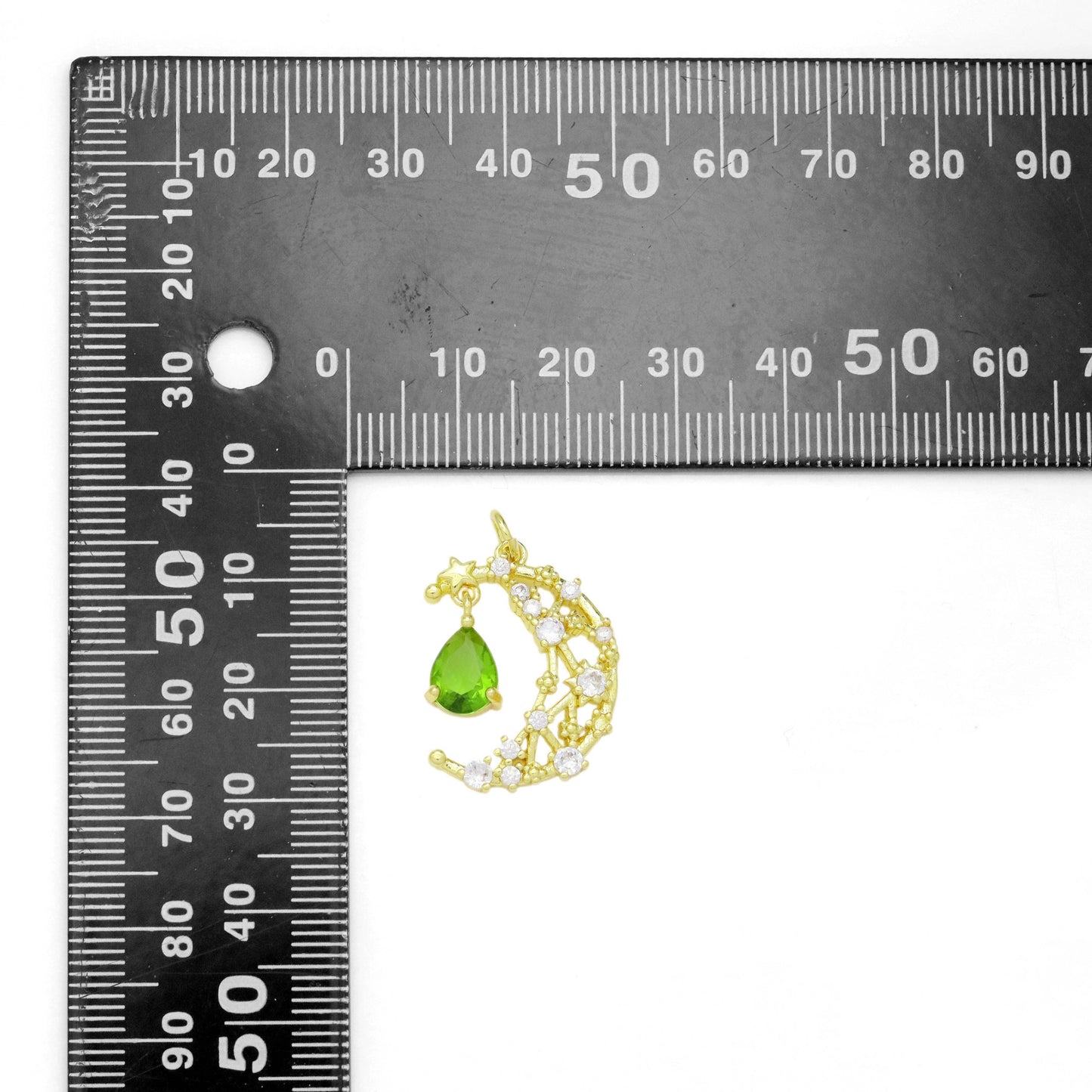 Fancy Cresent Moon With Clear Green Teardrop Pendant Charm, Sku#LK942