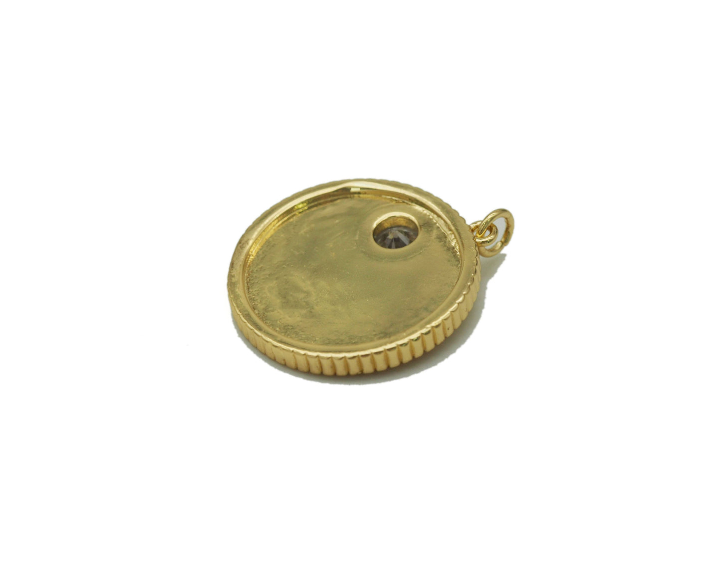 Gold Big CZ Wave On Round Coin Charm, Sku#F1497C