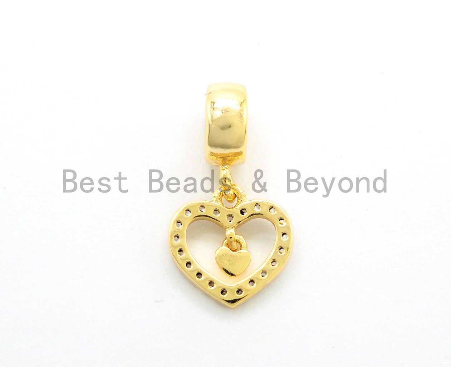 CZ Micro Pave Dangle Heart Shape Pendant, Large hole/Big hole European style bracelet charm Beads,Fit for 3mm Leather Cord, 11x20mm,sku#Y147