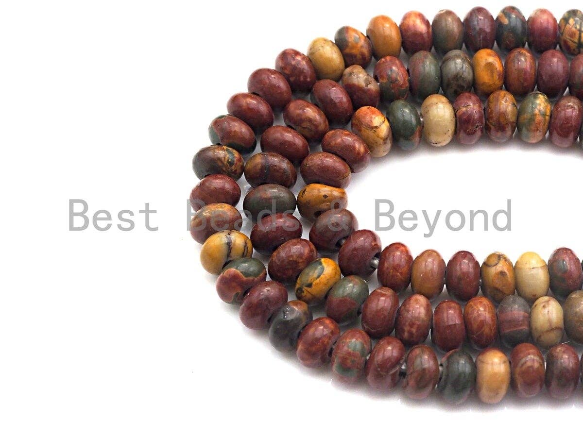2mm Large Hole Natural Piscasso Jasper Beads, Rondelle Smooth 6x10mm/5x8mm, 8" Long Strands, sku#U716C