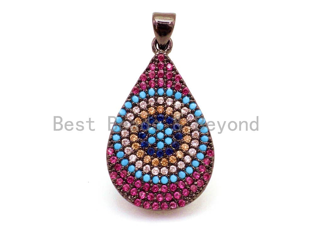 CZ Micro Pave Fuchsia Teardrop Evil Eye Pendant, 16x30mm, sku#F12