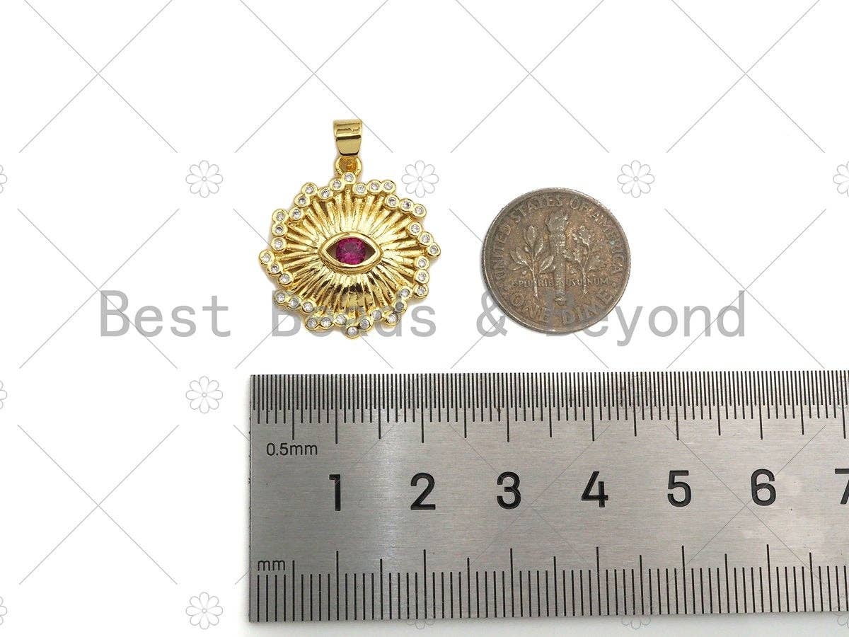 Fuchsia CZ Micro Pave 18k Gold Evil Eye On Sunflower Pendant, Cubic Zirconia Medallion Pendant,CZ Micro Pave Pendant,22x23mm, Sku#LK212