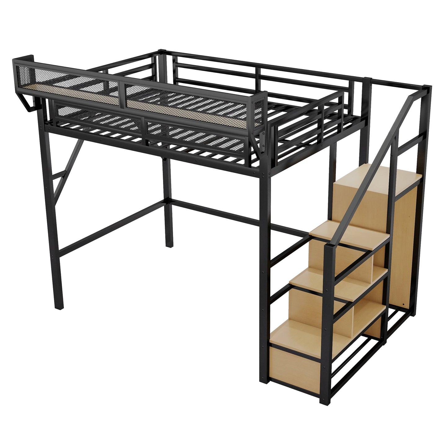 Full Size Loft Bed with Stairs and Storage Shelves