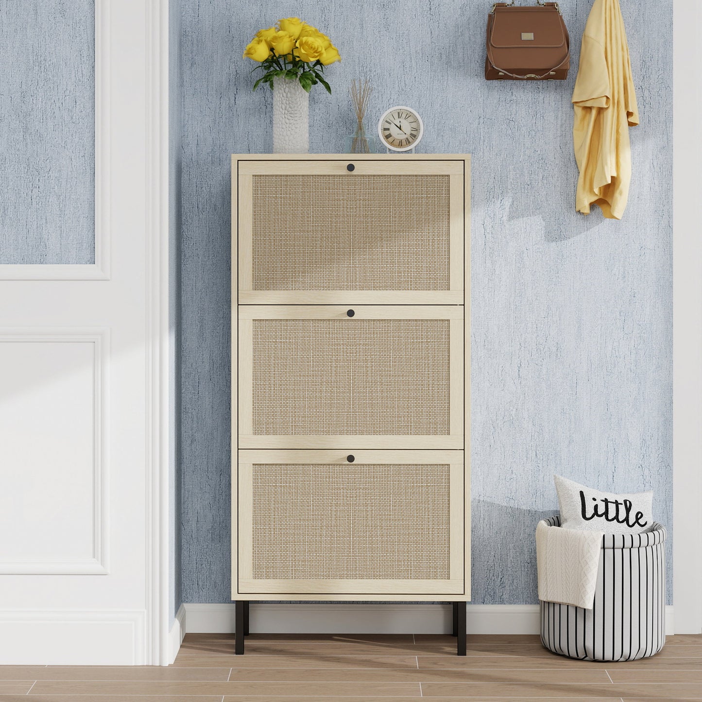 Rattan 3 Door Shoe Rack, Freestanding Modern Shoe Storage Cabinet