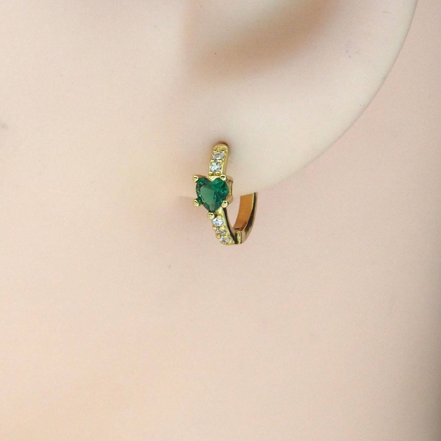 Gold Silver Purple Green CZ Heart Huggie Earrings, Sku#A126