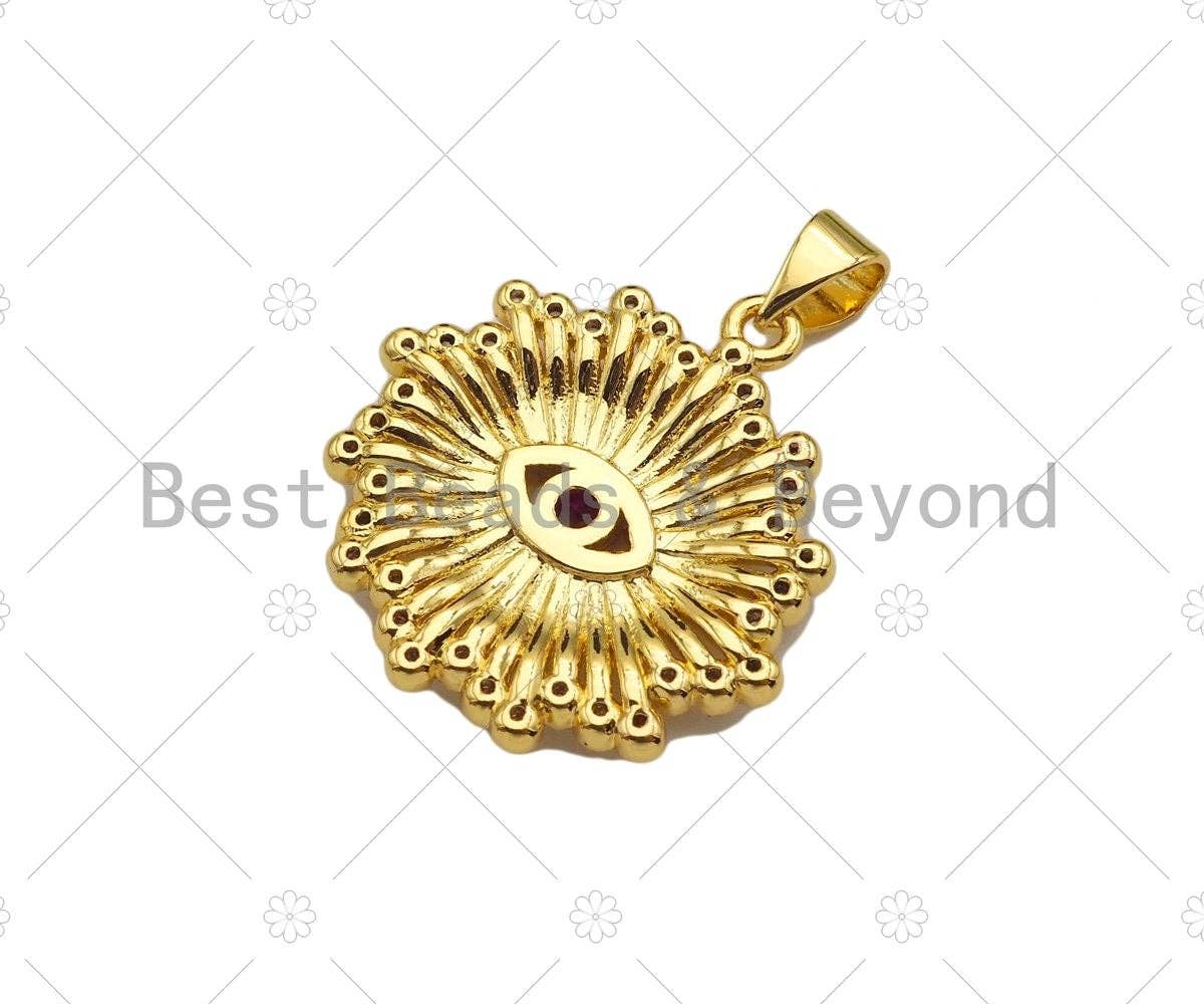 Fuchsia CZ Micro Pave 18k Gold Evil Eye On Sunflower Pendant, Cubic Zirconia Medallion Pendant,CZ Micro Pave Pendant,22x23mm, Sku#LK212