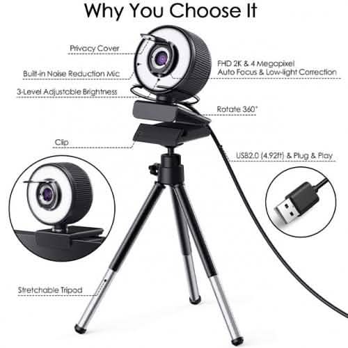 Webcam HD 2K avec anneau lumineux réglable à 18 LED intégré et microphone