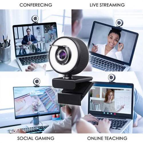 Webcam HD 2K avec anneau lumineux réglable à 18 LED intégré et microphone