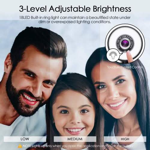 Webcam HD 2K avec anneau lumineux réglable à 18 LED intégré et microphone