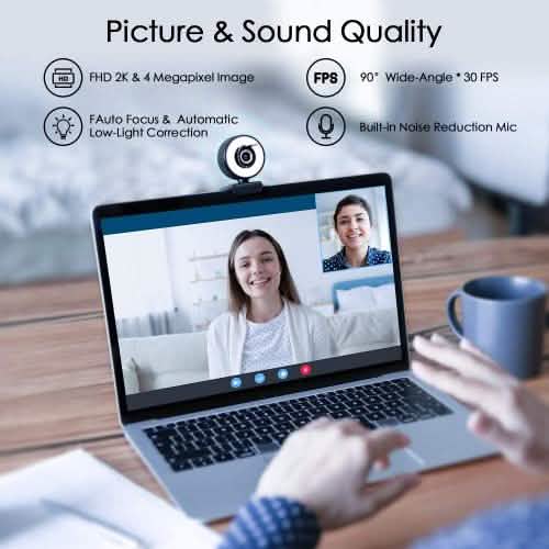 Webcam HD 2K avec anneau lumineux réglable à 18 LED intégré et microphone