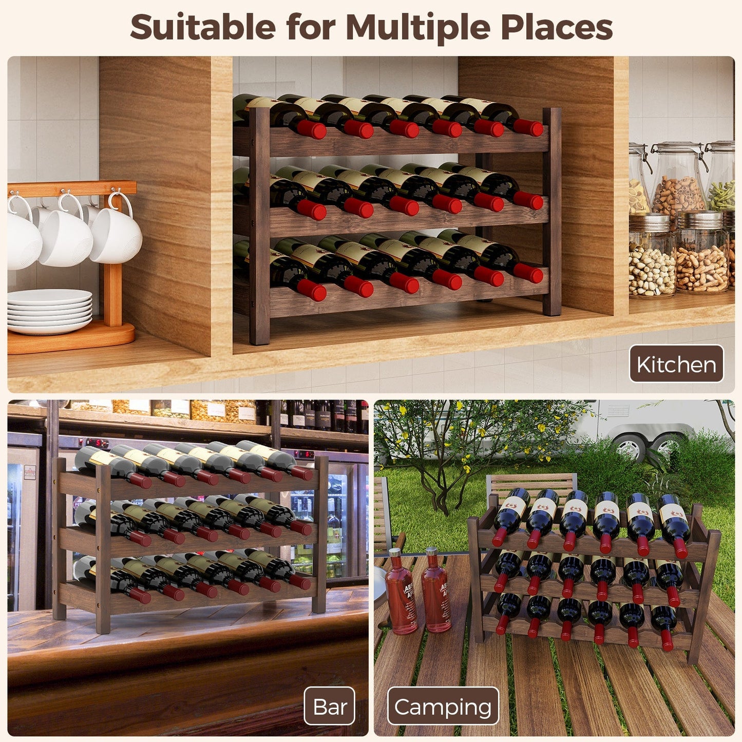 3-Tier Bamboo Freestanding Countertop Wine Bottle Organizer