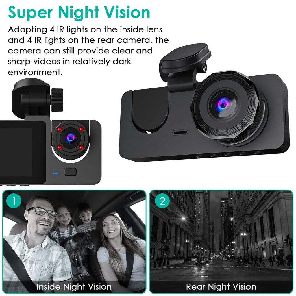 3 Channel Dash Cam Front Inside Rear Vehicle Driving Recorder Car DVR