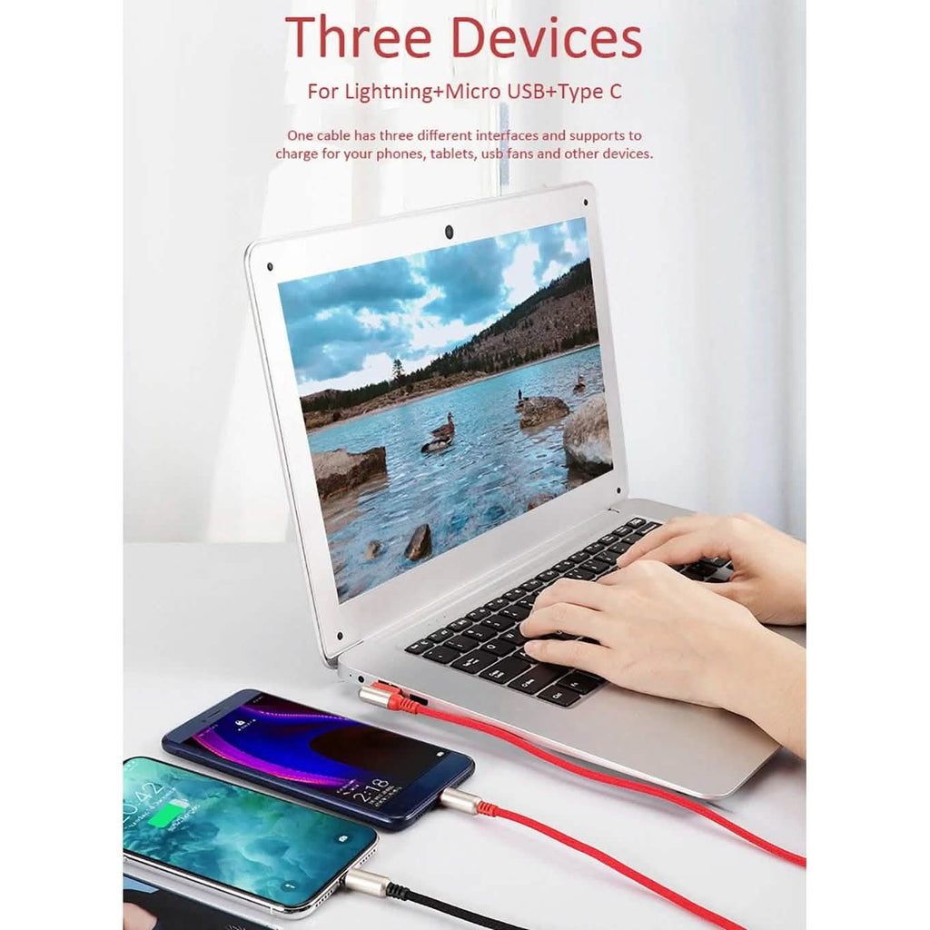 3-In-1 Charging Cable USB to Micro USB + Type C + Lightning Charging Cable Fast Charging