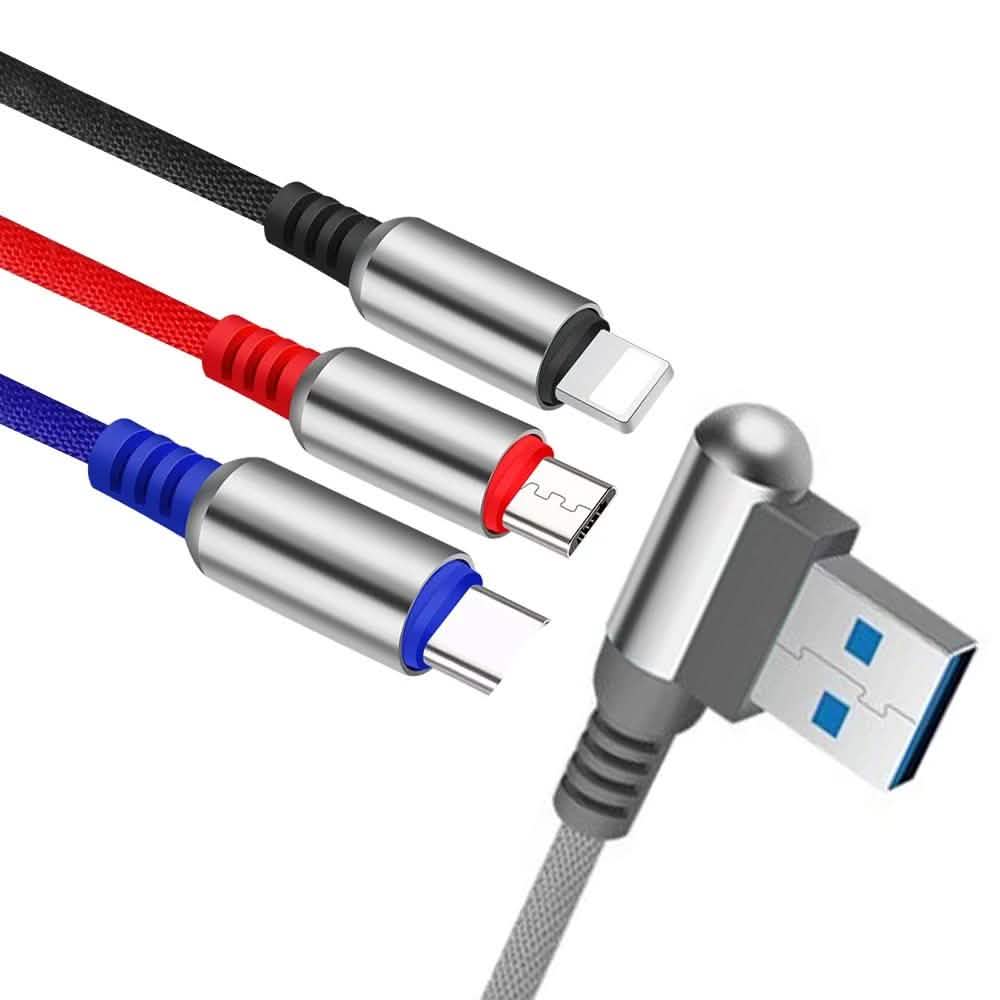 Câble de charge 3-en-1 USB vers Micro USB + Type C + Lightning Câble de charge rapide