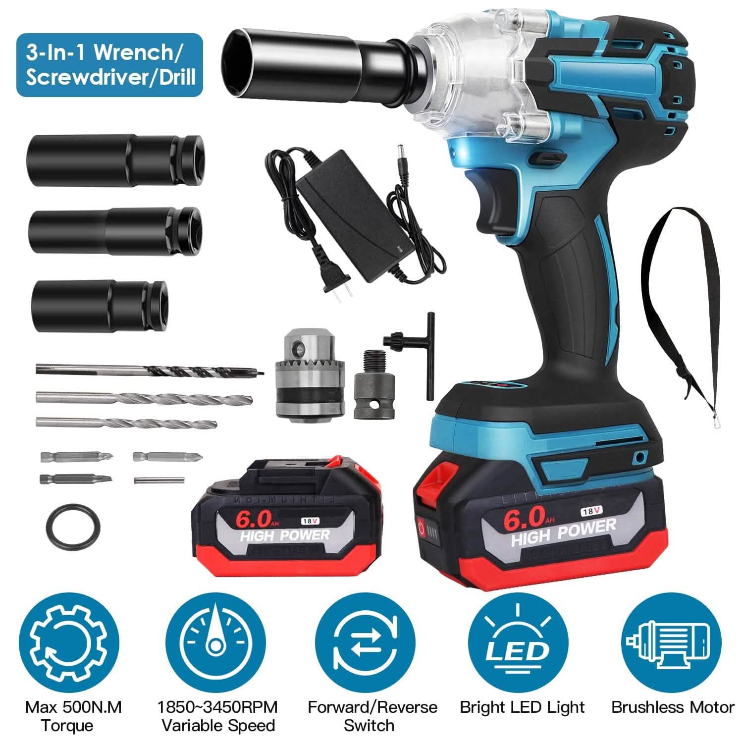 3-In-1 Cordless Electric Impact Wrench Drill Screwdriver with Brushless Motor Max 3450RPM Variable Speed