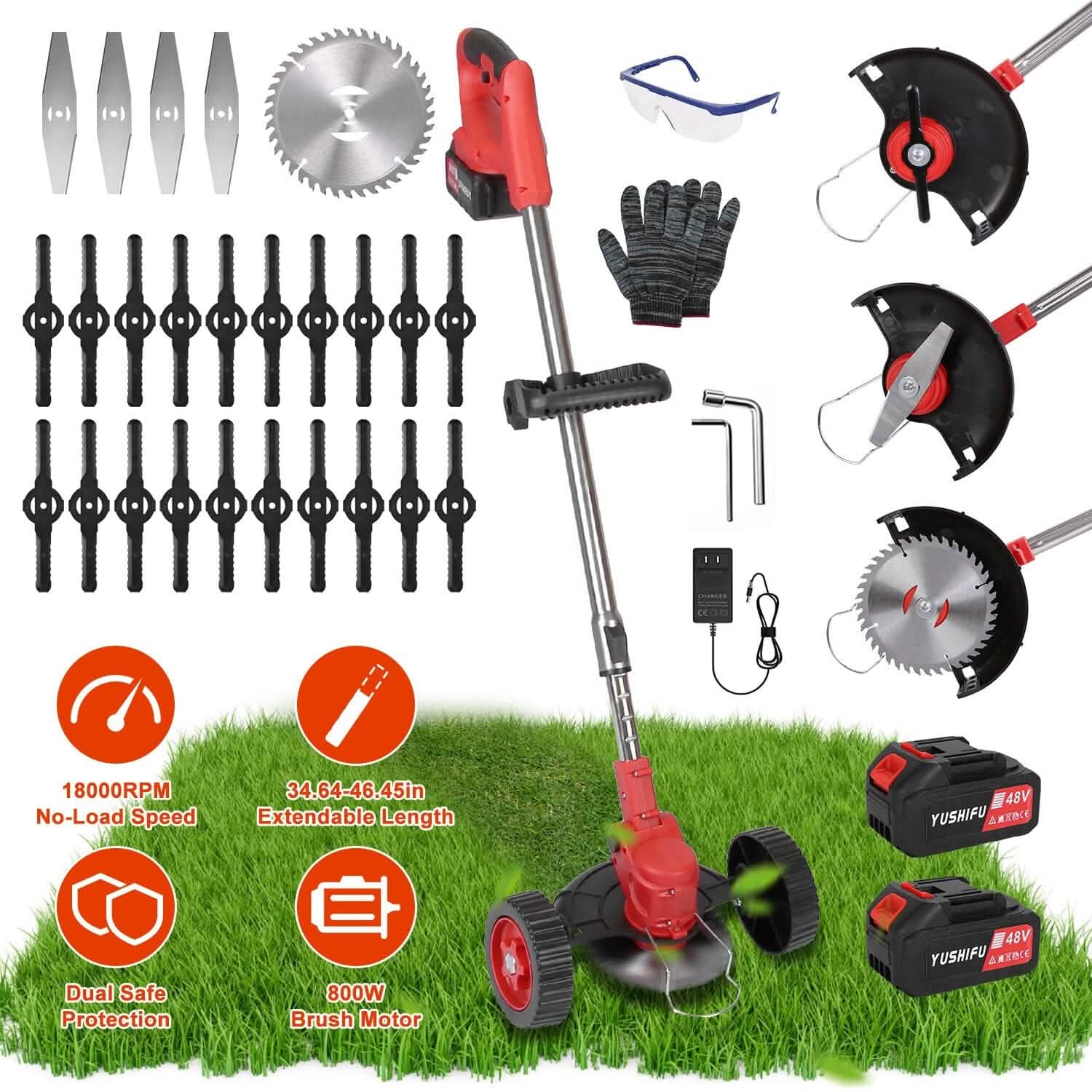3-in-1 Electric Cordless Grass Wacker Battery Powered Grass Trimmer with Wheels Adjustable Head with 2-Pieces 2500mAh Batteries