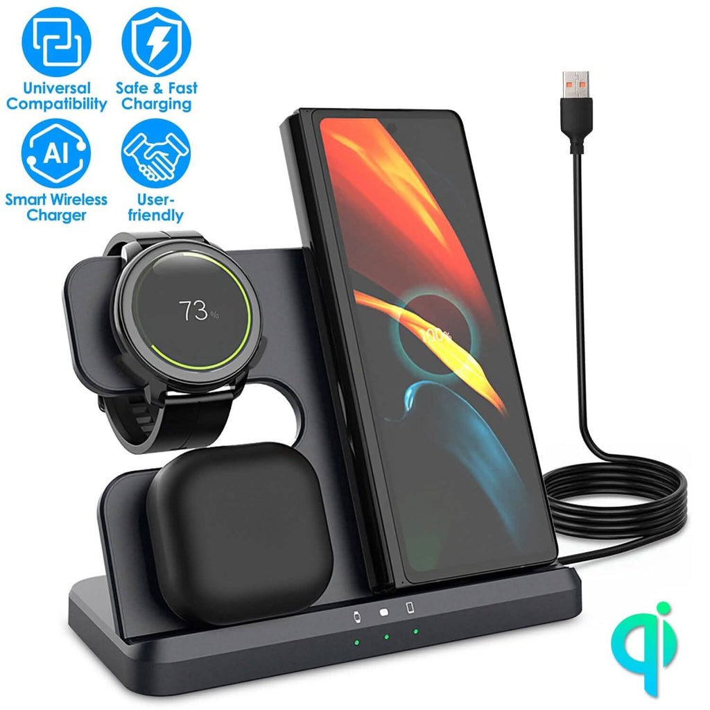 Chargeur rapide sans fil 3-en-1 pour téléphones, écouteurs et montres compatibles Qi