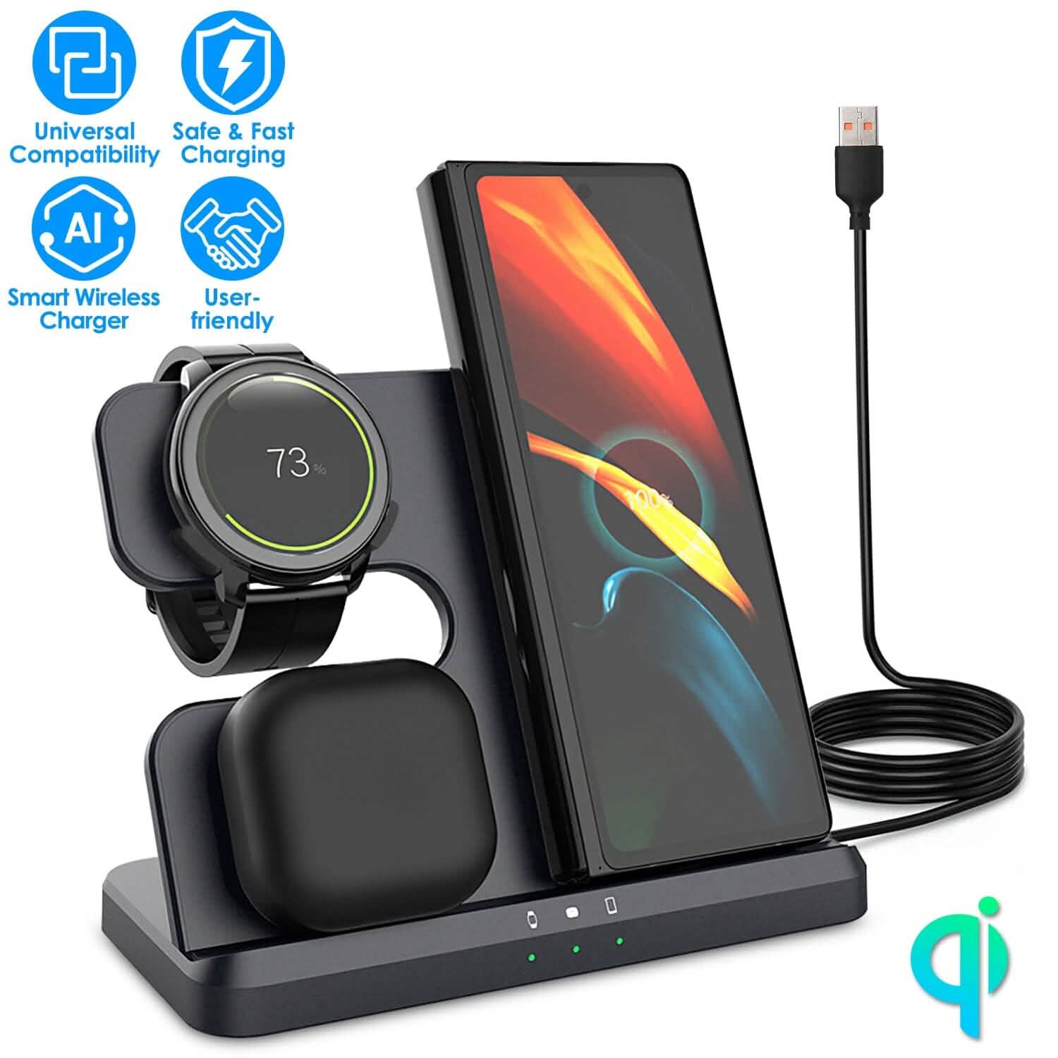 Chargeur rapide sans fil 3-en-1 pour téléphones, écouteurs et montres compatibles Qi