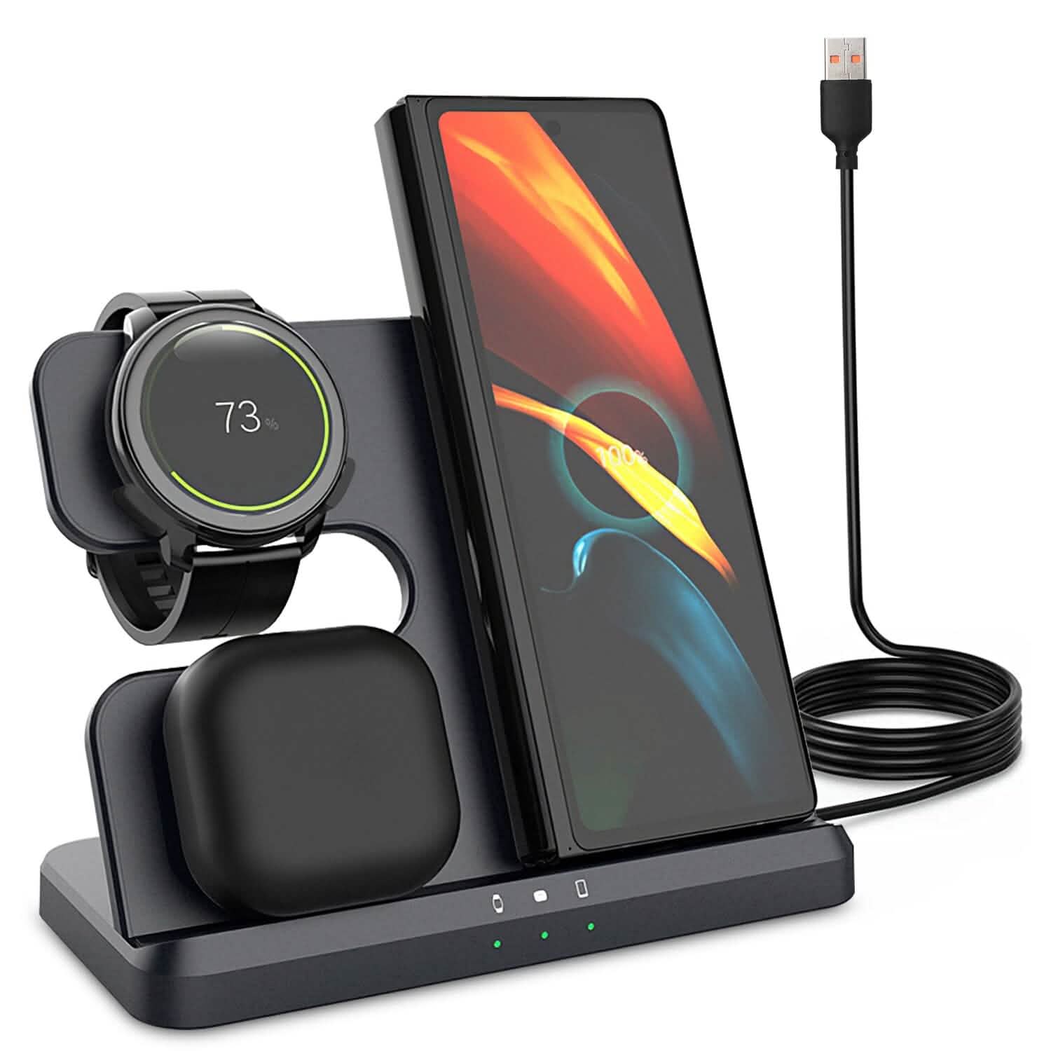 Chargeur rapide sans fil 3-en-1 pour téléphones, écouteurs et montres compatibles Qi
