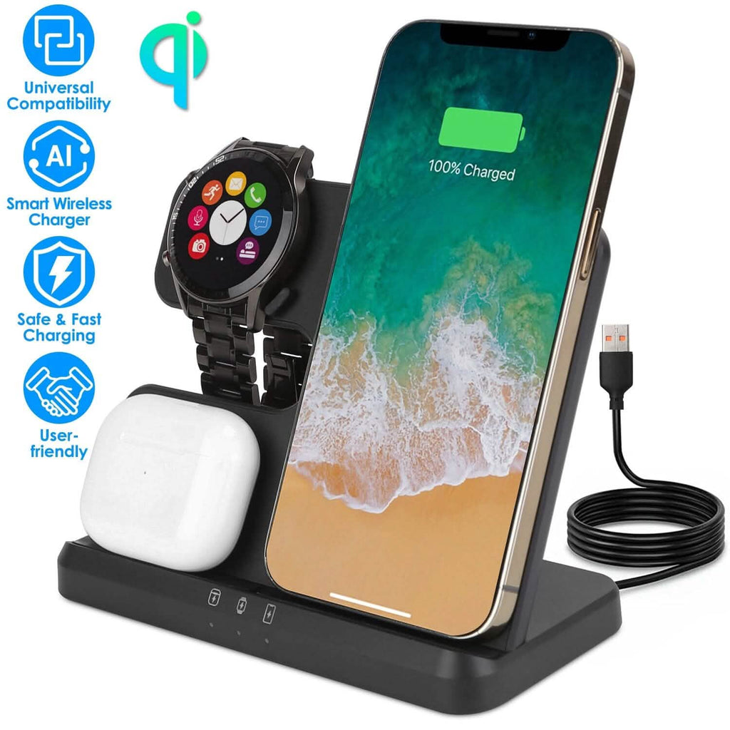 Chargeur rapide sans fil 3-en-1 pour téléphones, écouteurs et montres compatibles Qi