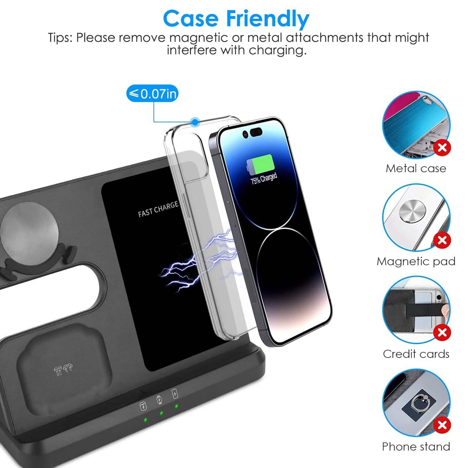 Chargeur rapide sans fil 3-en-1 pour téléphones, écouteurs et montres compatibles Qi
