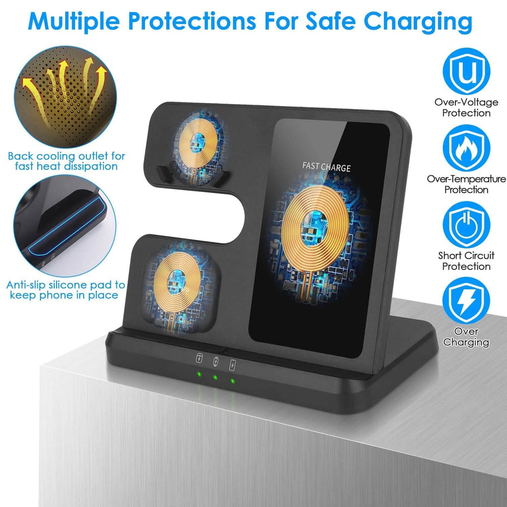 Chargeur rapide sans fil 3-en-1 pour téléphones, écouteurs et montres compatibles Qi