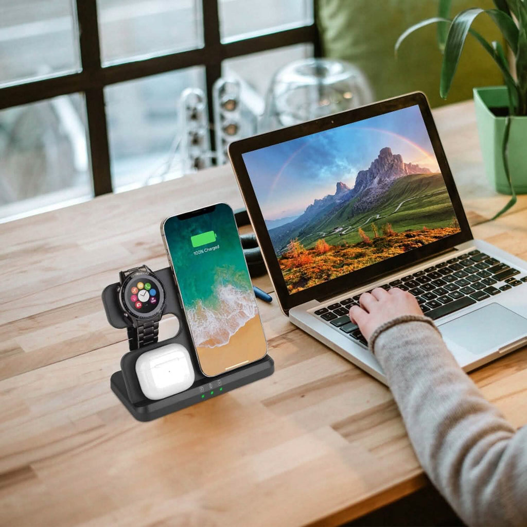 Chargeur rapide sans fil 3-en-1 pour téléphones, écouteurs et montres compatibles Qi