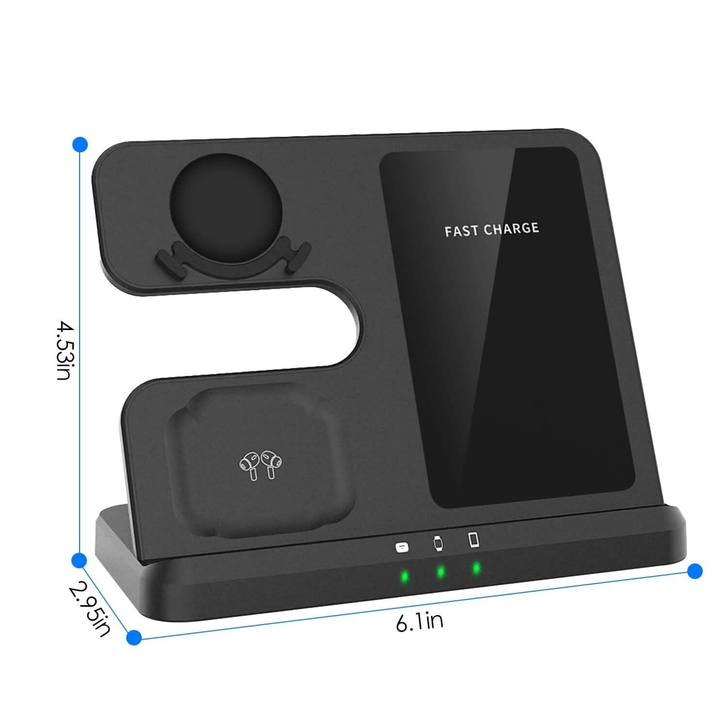 Chargeur rapide sans fil 3-en-1 pour téléphones, écouteurs et montres compatibles Qi