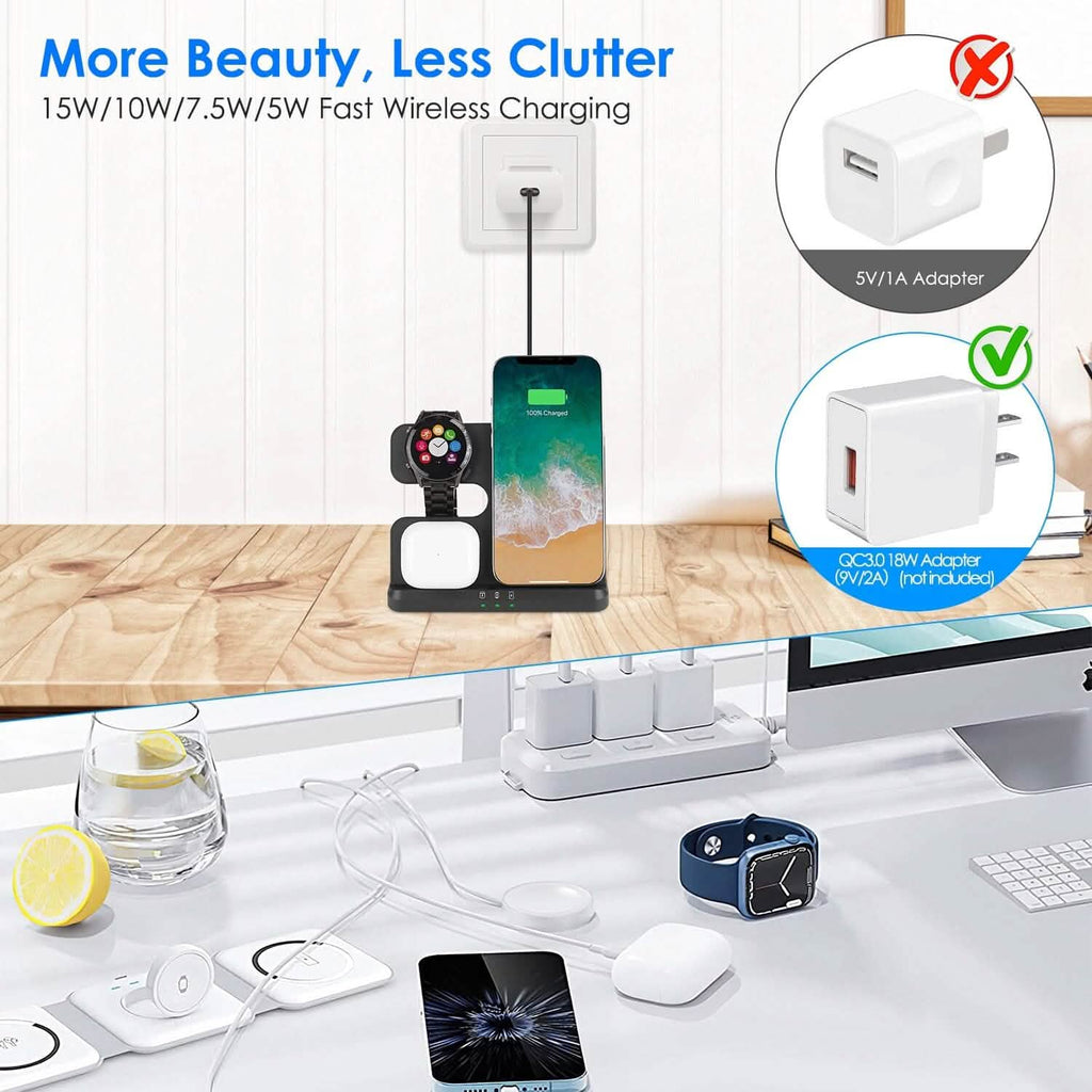 Chargeur rapide sans fil 3-en-1 pour téléphones, écouteurs et montres compatibles Qi
