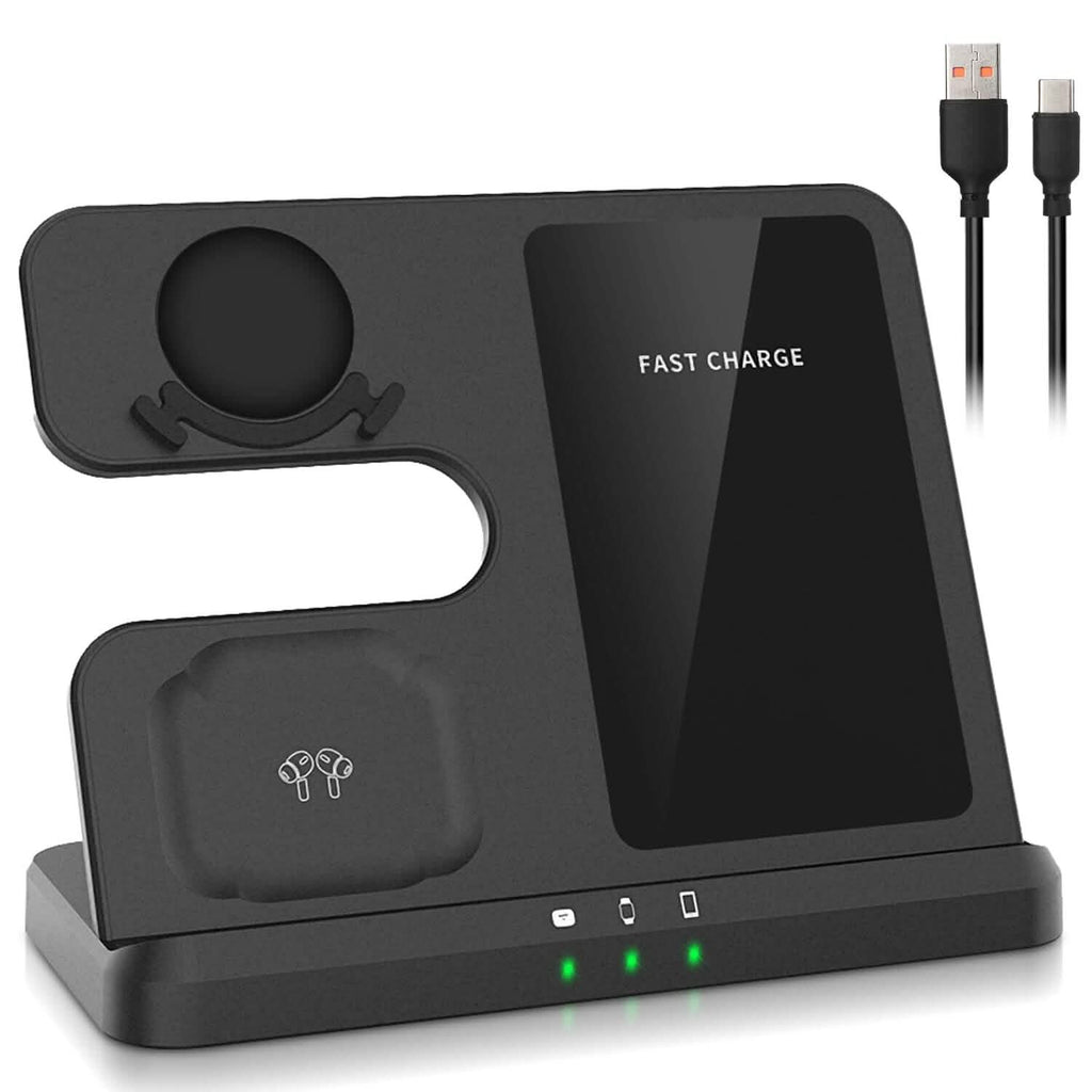 Chargeur rapide sans fil 3-en-1 pour téléphones, écouteurs et montres compatibles Qi