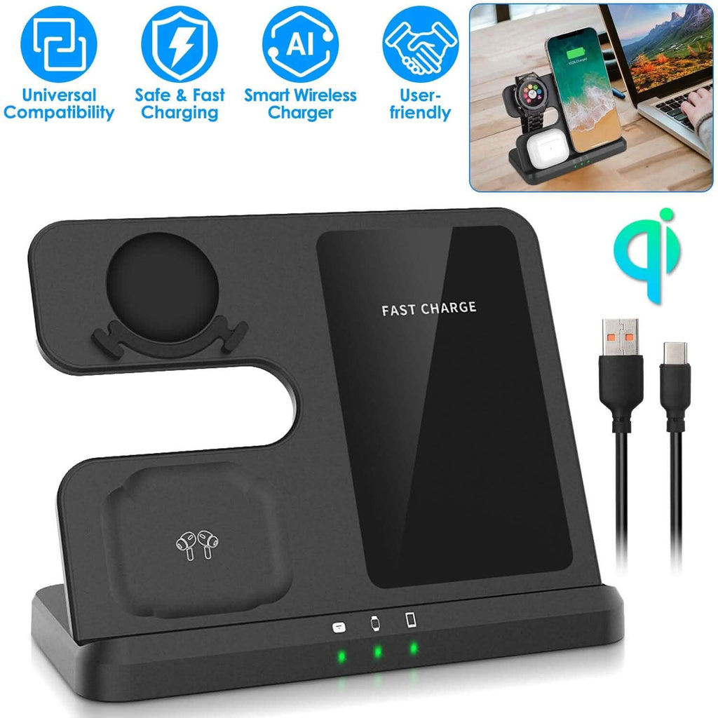 Chargeur rapide sans fil 3-en-1 pour téléphones, écouteurs et montres compatibles Qi