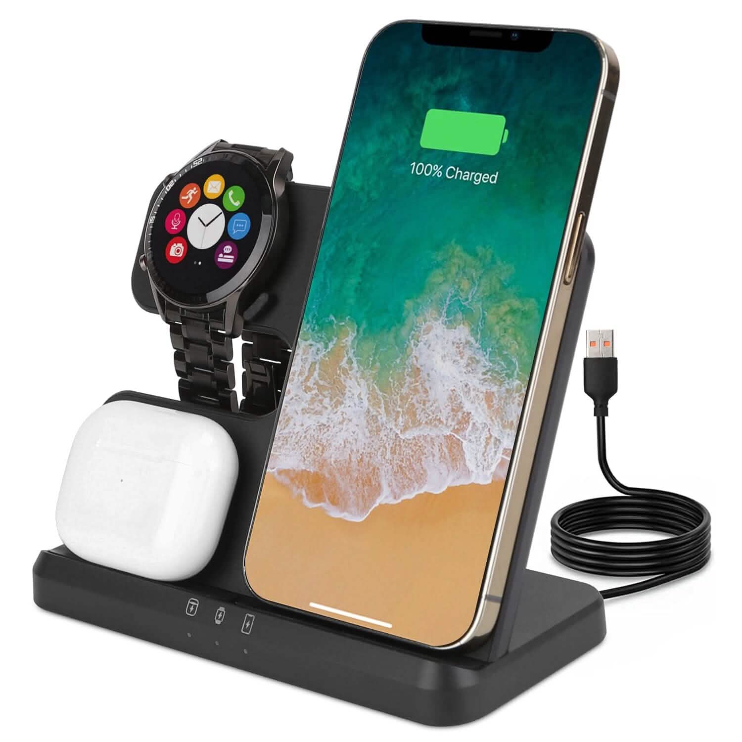 Chargeur rapide sans fil 3-en-1 pour téléphones, écouteurs et montres compatibles Qi