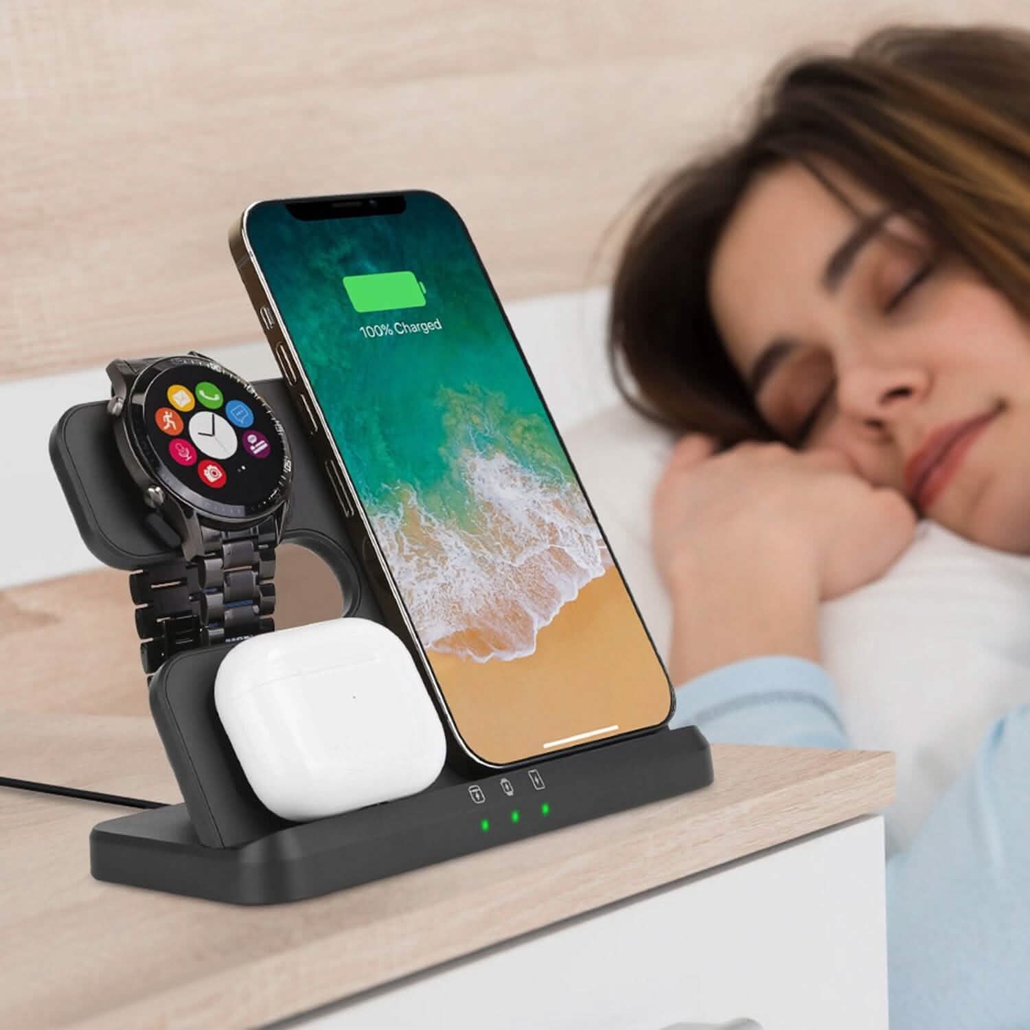 Chargeur rapide sans fil 3-en-1 pour téléphones, écouteurs et montres compatibles Qi