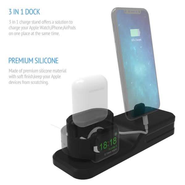 3-in-1 Silicone Charging Station Dock for Apple Watch AirPods and iPhone + 2 Lightning Cables