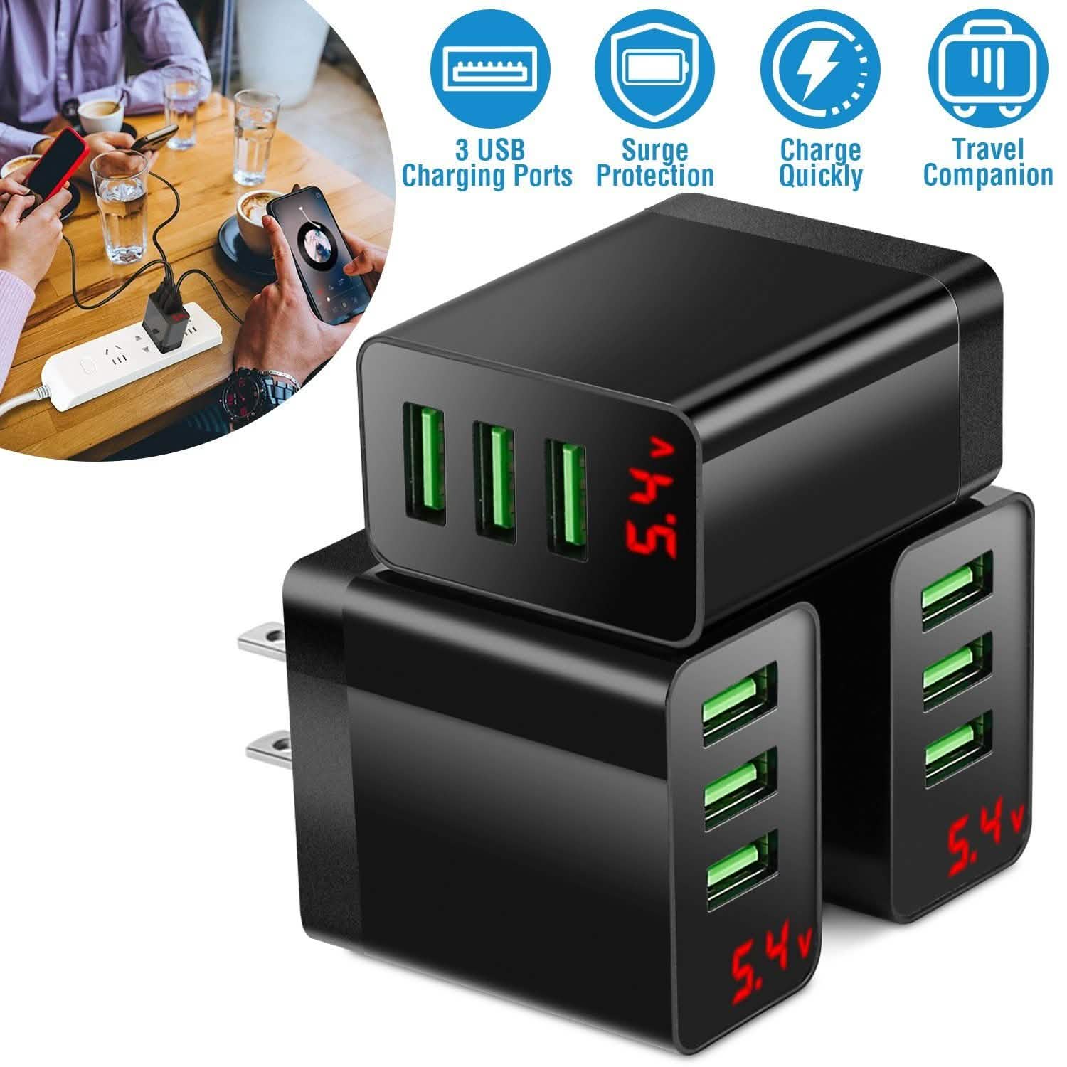 Lot de 3 : Adaptateur de chargeur mural USB à 3 ports