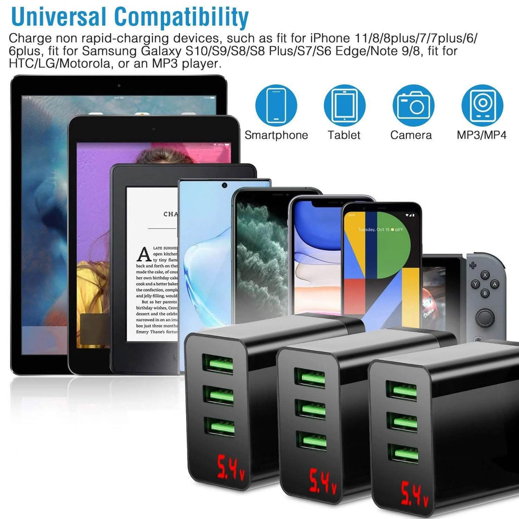 Lot de 3 : Adaptateur de chargeur mural USB à 3 ports