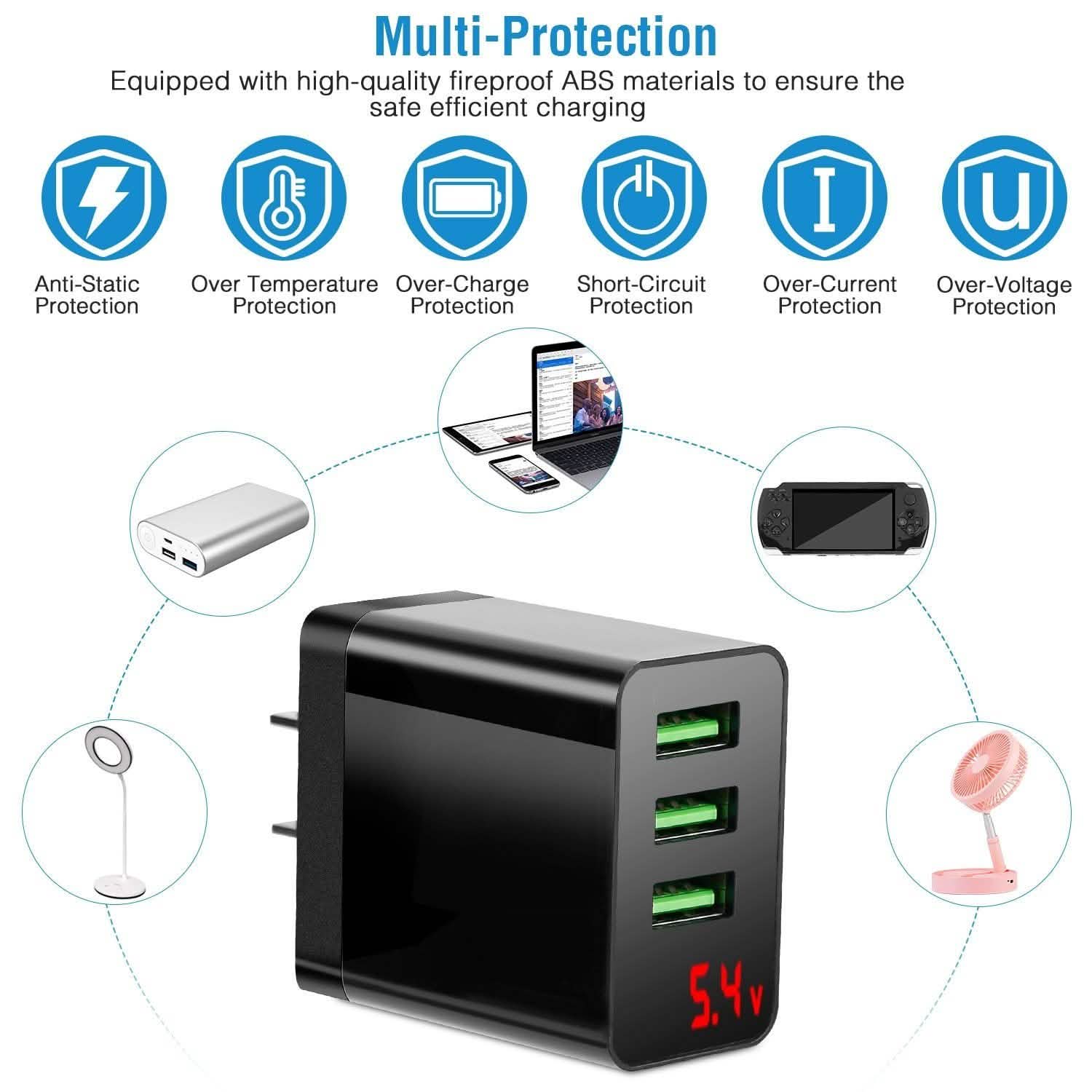 Lot de 3 : Adaptateur de chargeur mural USB à 3 ports