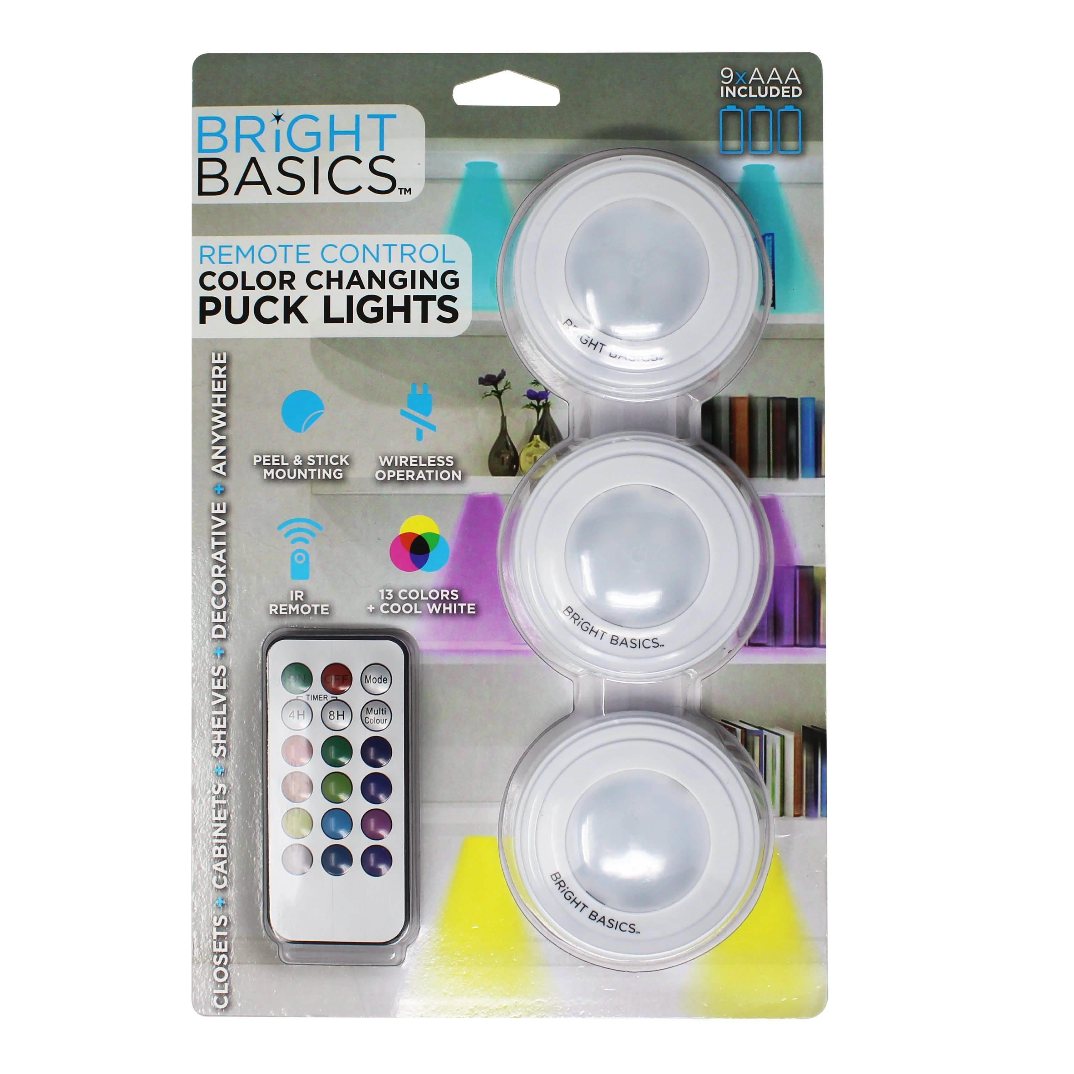 3-Pack: Bright Basics Color Changing Wireless LED Puck Lights w/ Remote Control