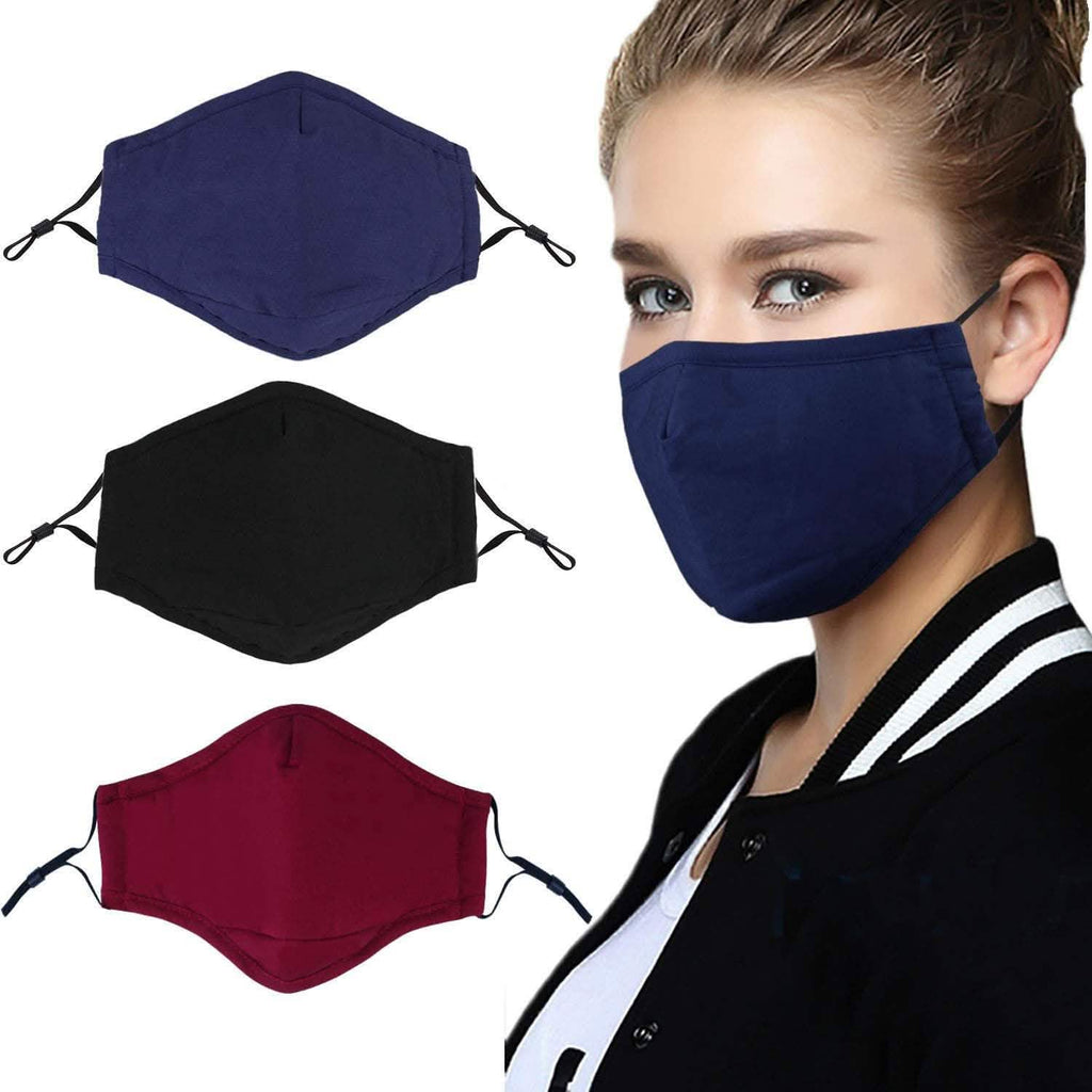 Lot de 3 : masques en coton réutilisables, lavables, réglables avec pochette pour filtre