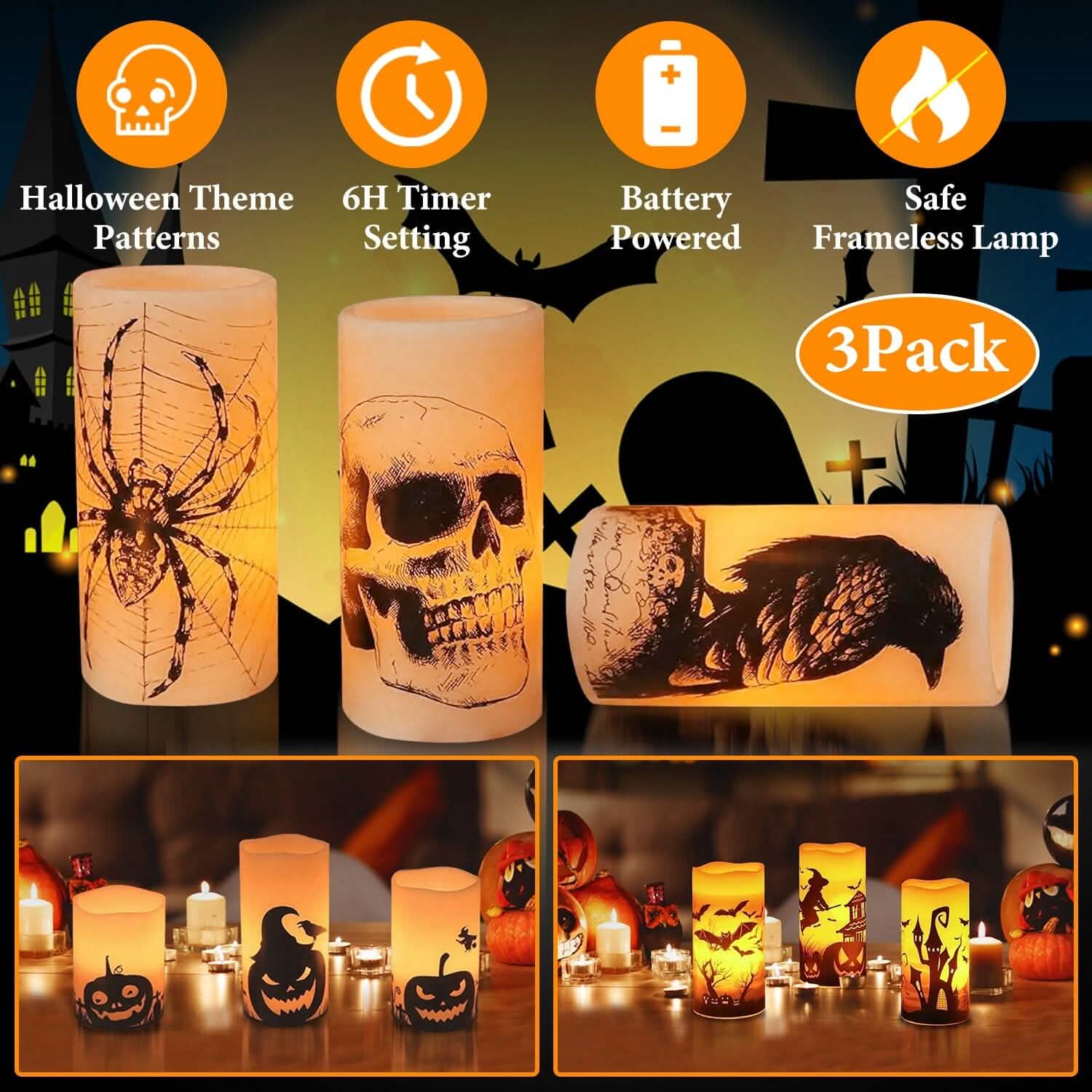 3-Pack: Halloween Battery Operated Flameless Candle Lamp with Timer Setting