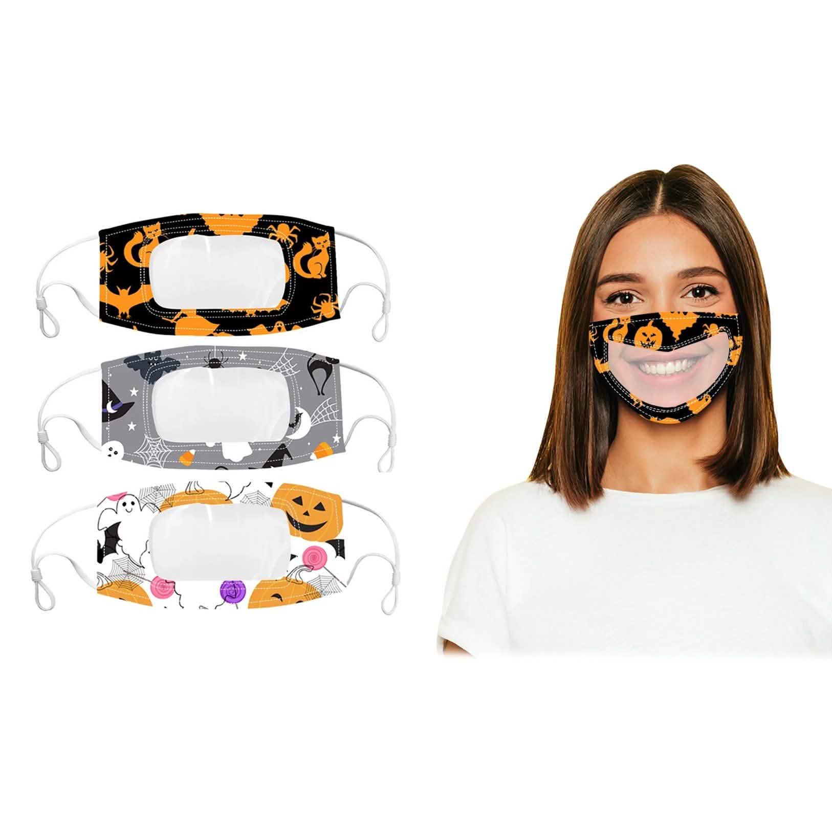 Lot de 3 : Masque buccal transparent avec sourire Communicator - Édition Halloween