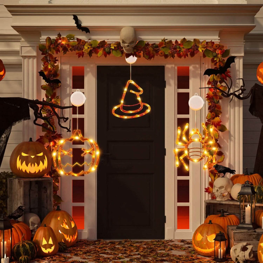 Lot de 3 : Lumière de fenêtre d'Halloween avec ventouse et trous de suspension