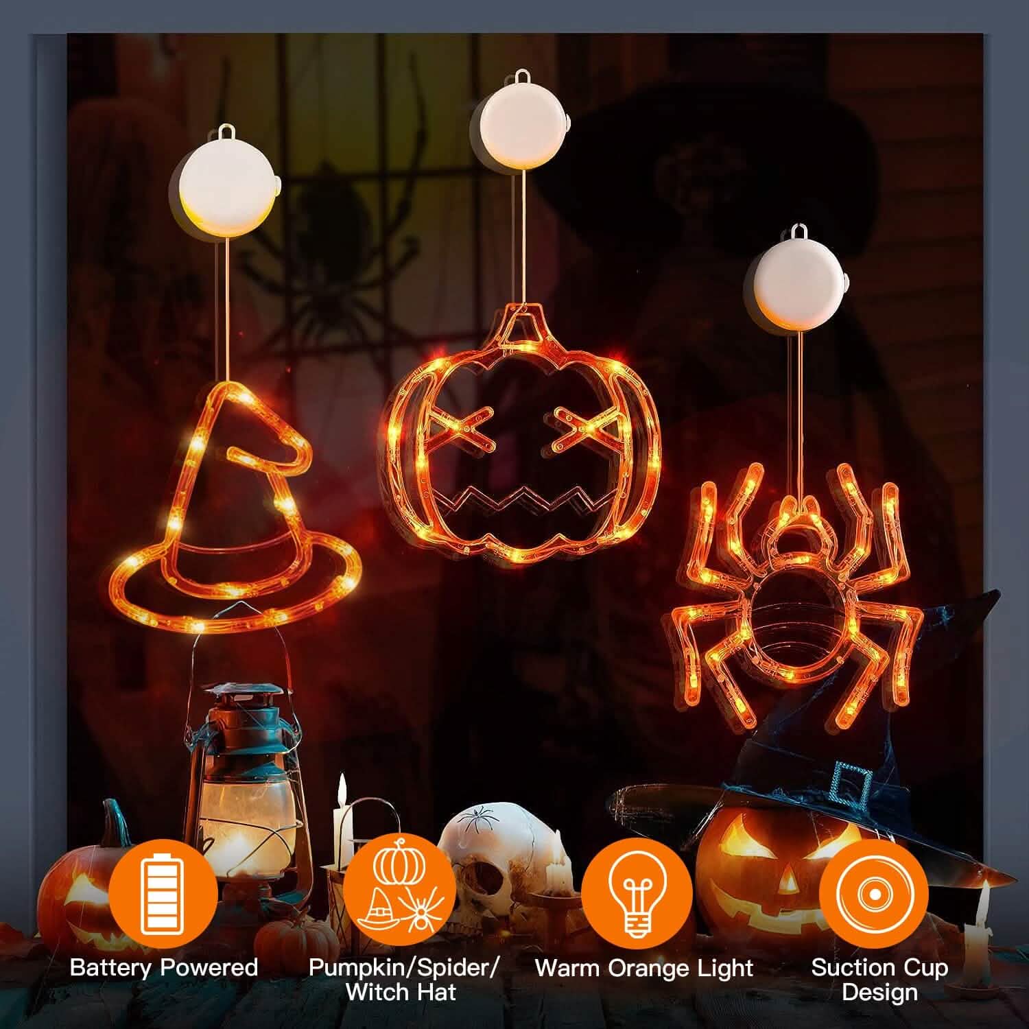 Lot de 3 : Lumière de fenêtre d'Halloween avec ventouse et trous de suspension