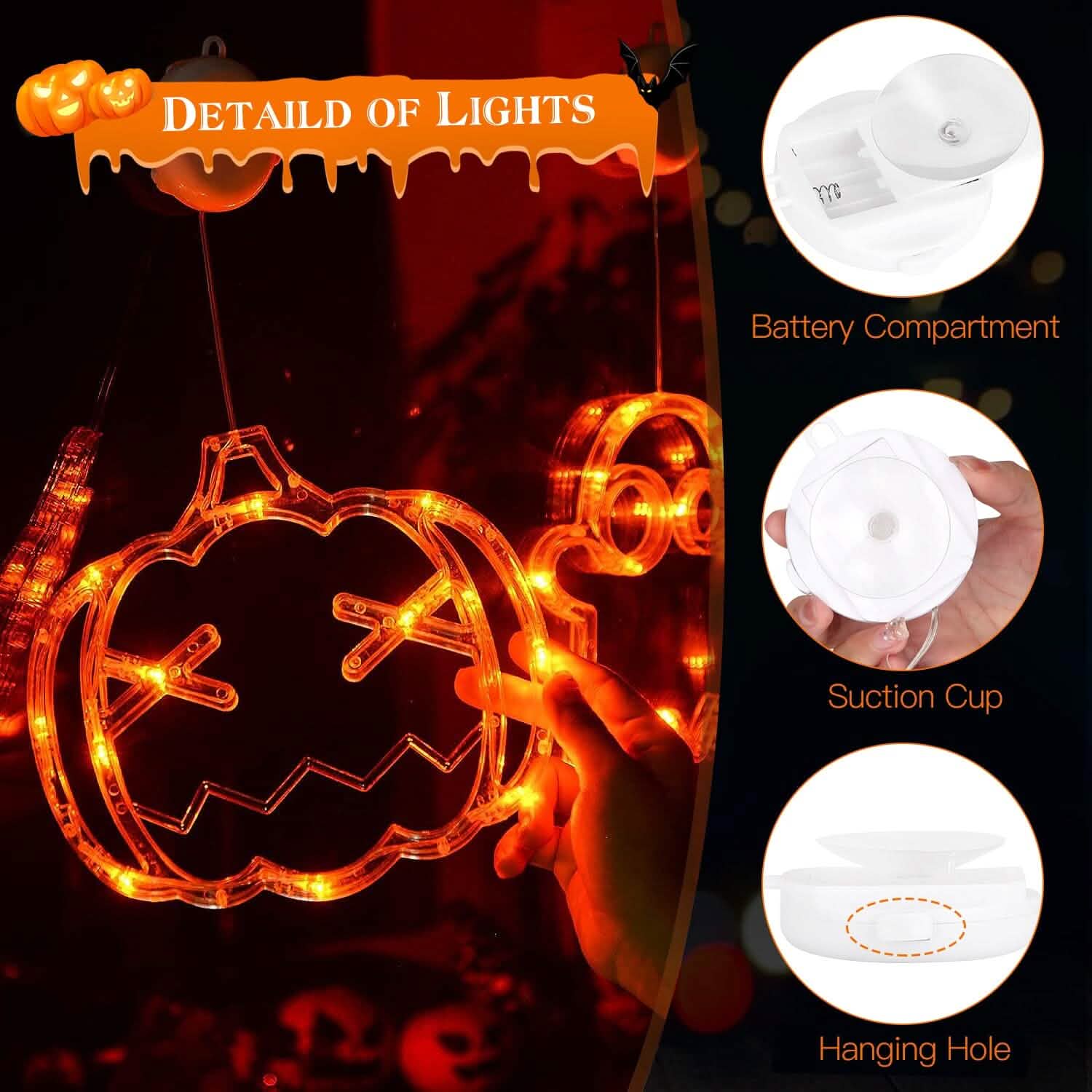 Lot de 3 : Lumière de fenêtre d'Halloween avec ventouse et trous de suspension