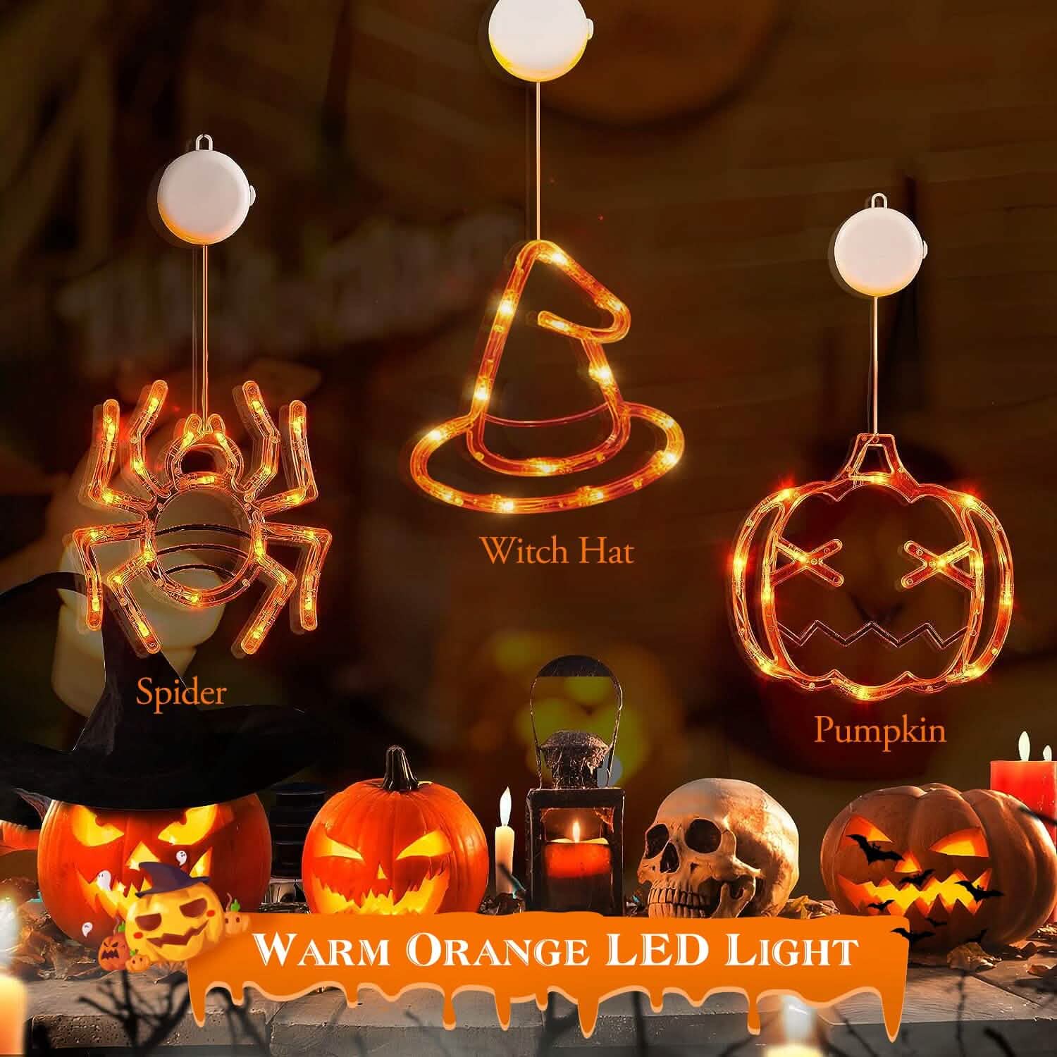 Lot de 3 : Lumière de fenêtre d'Halloween avec ventouse et trous de suspension