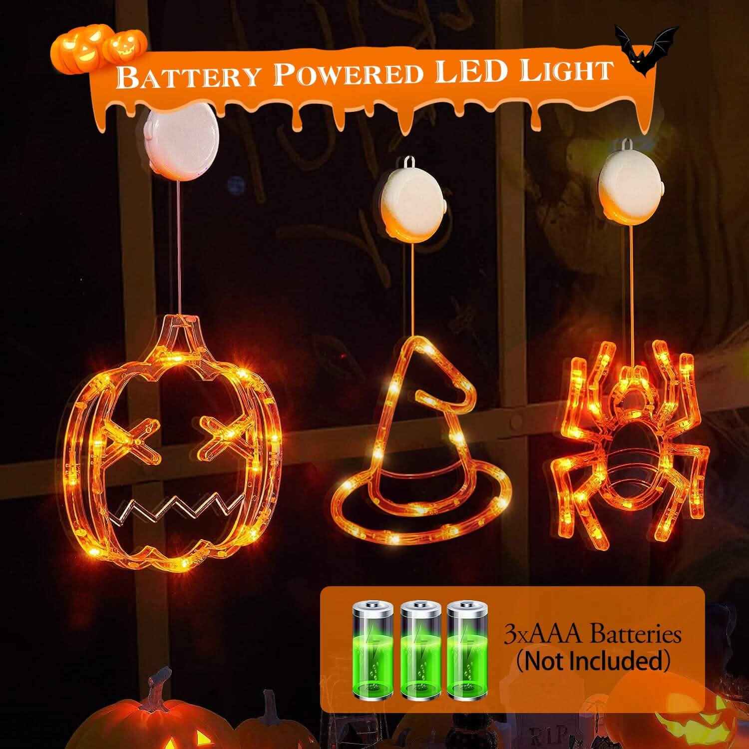 Lot de 3 : Lumière de fenêtre d'Halloween avec ventouse et trous de suspension