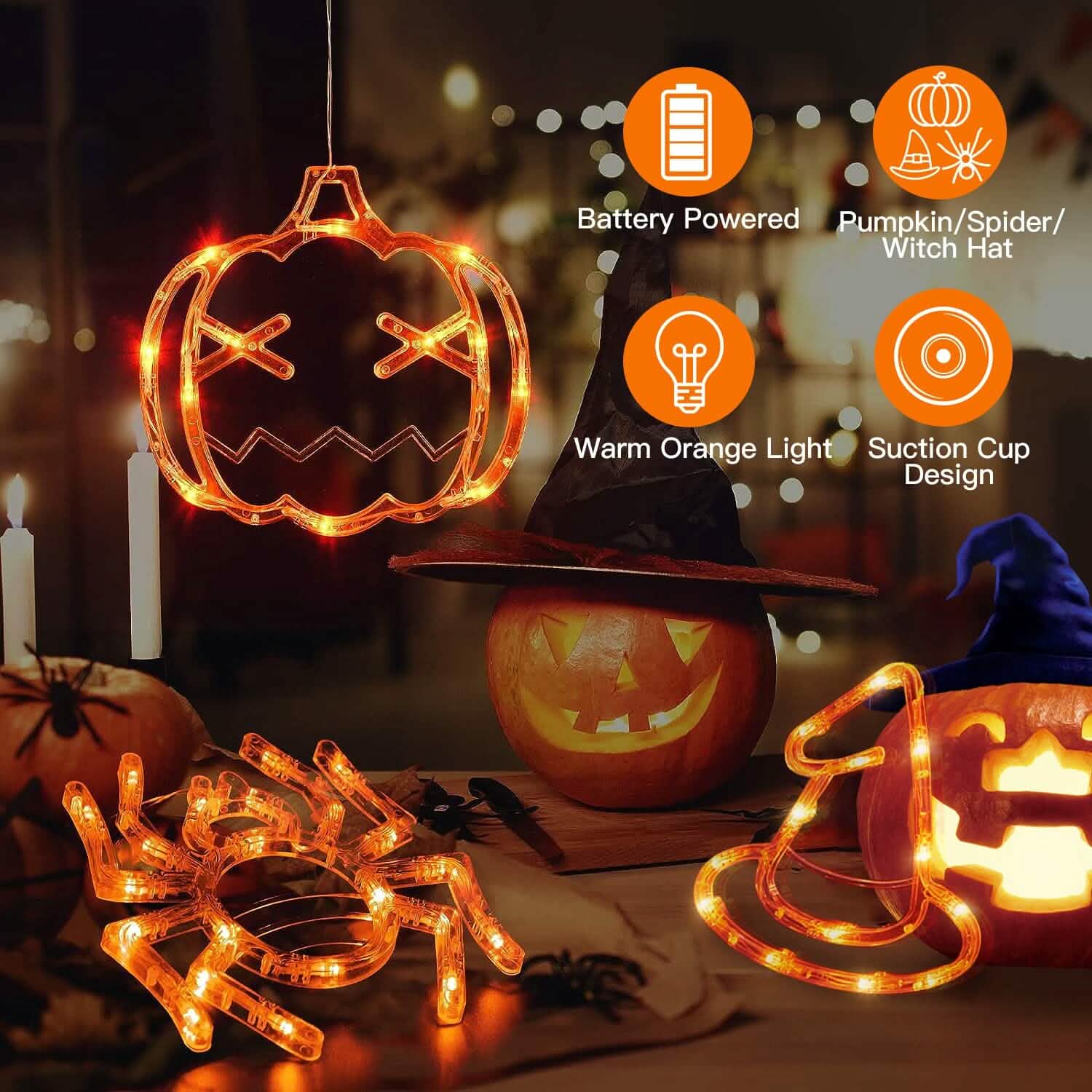Lot de 3 : Lumière de fenêtre d'Halloween avec ventouse et trous de suspension