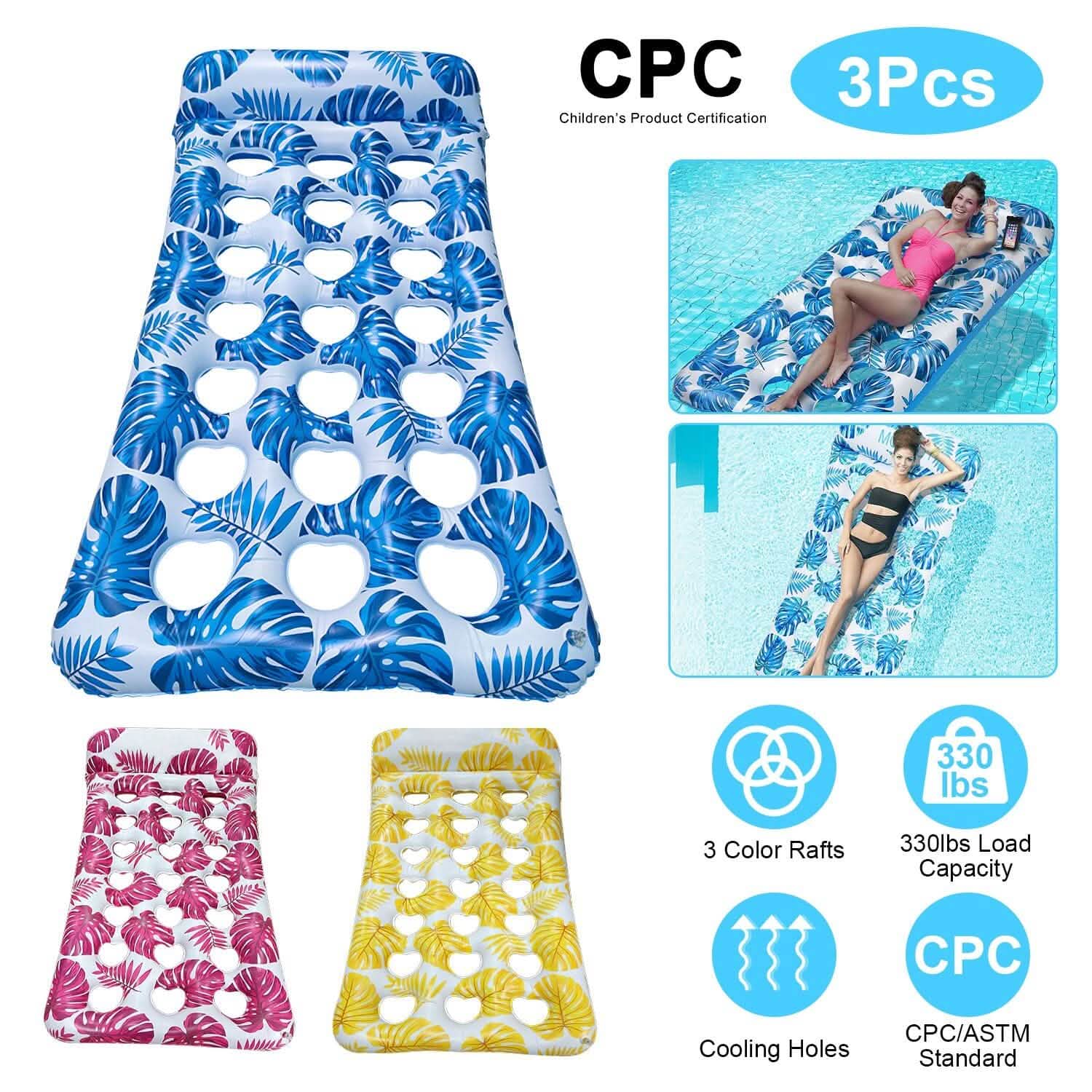 3-Pack: Inflatable Pool Float Raft Water Lounge 330lbs Load-Bearing Mattress with Headrest
